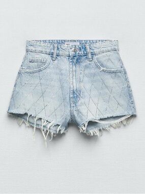 Zara Pale Blue rhinestone Denim Shorts